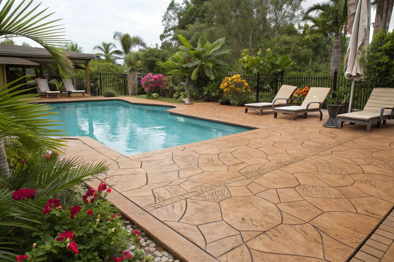 Stamped concrete surface with a slate-look pattern